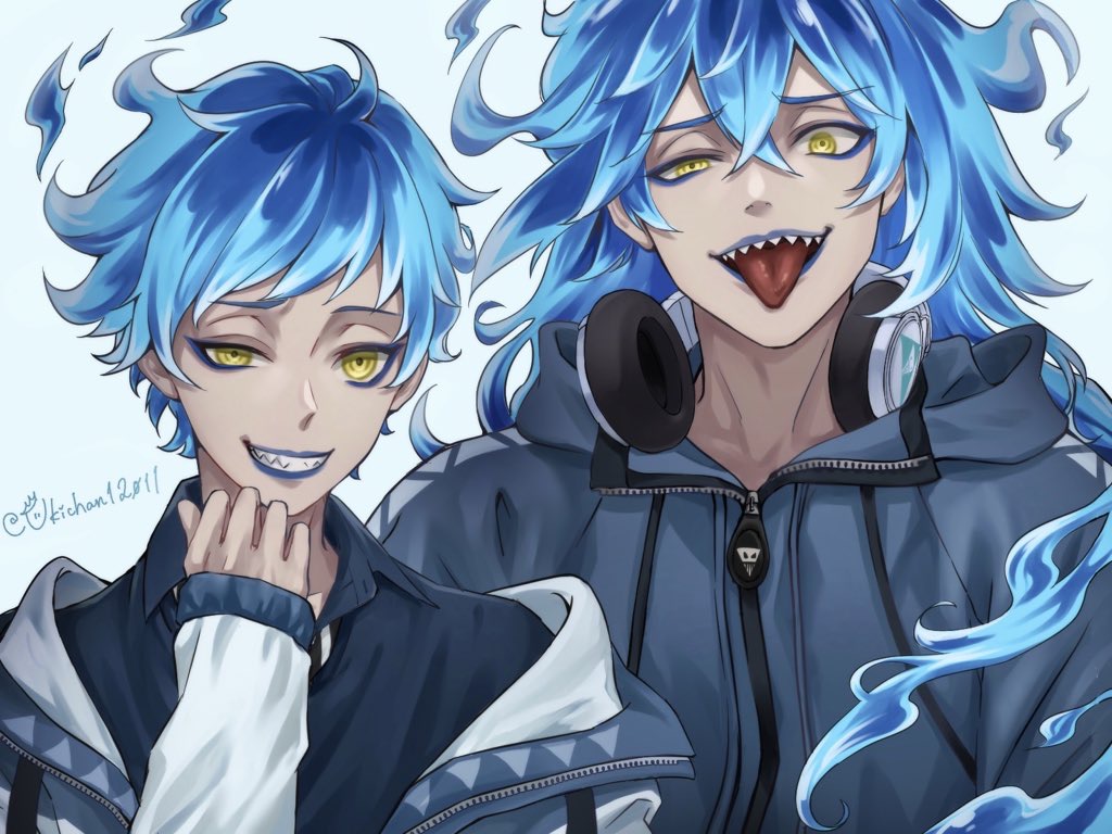 2boys blue_background blue_jacket blue_lips brothers commentary_request fiery_hair grin hand_up headphones headphones_around_neck idia_shroud jacket long_hair looking_at_viewer male_focus multiple_boys ortho_shroud sharp_teeth short_hair siblings simple_background smile teeth tongue tongue_out twisted_wonderland ukichan12011 uneven_eyes upper_body yellow_eyes