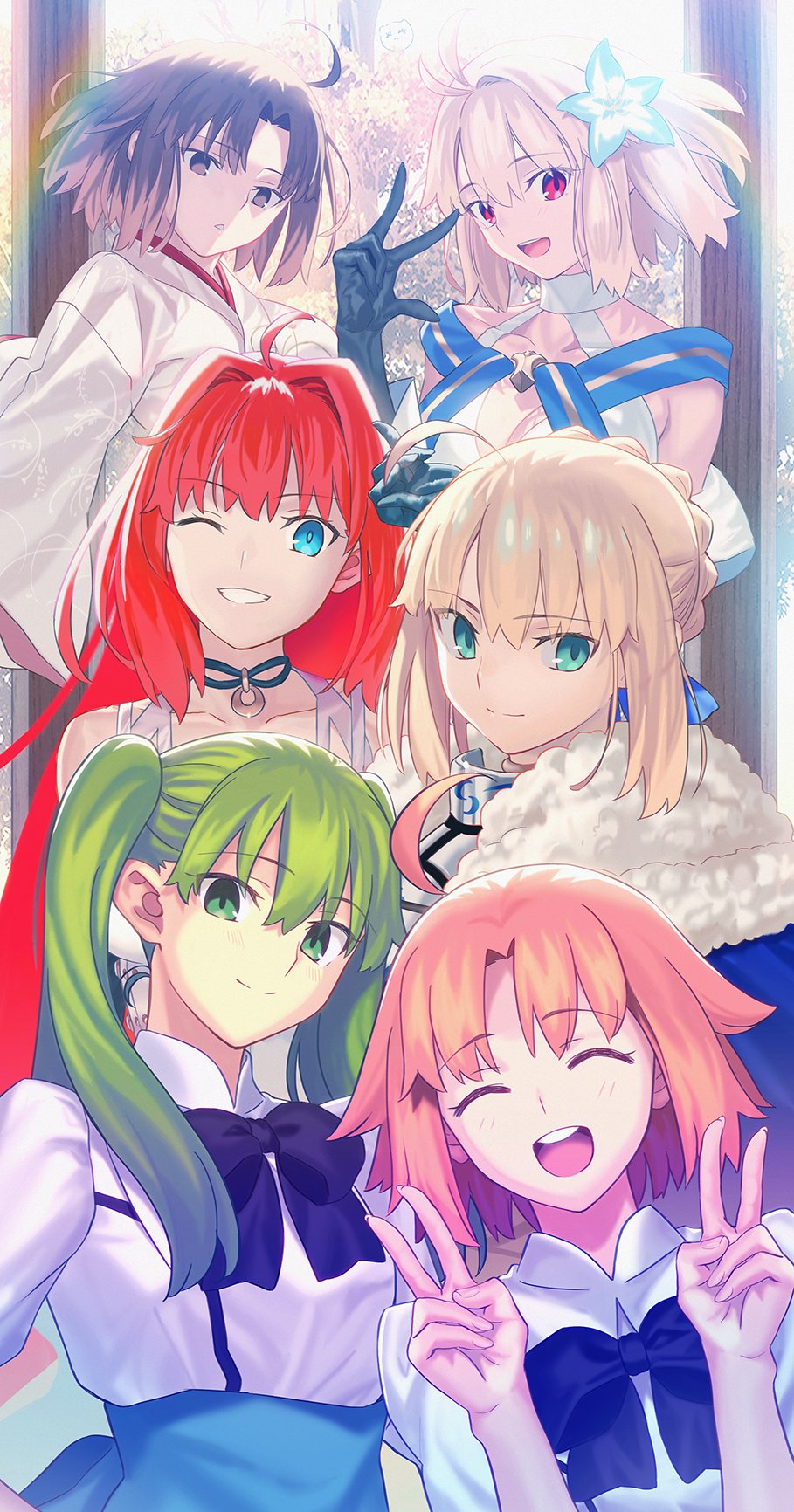 6+girls ahoge antenna_hair aora aozaki_aoko arcueid_brunestud arcueid_brunestud_(mooncancer) armor armored_dress artoria_pendragon_(fate) bare_shoulders black_gloves black_hair blonde_hair blue_cape blue_dress blue_eyes blue_ribbon blush bow bowtie braid breastplate breasts brown_eyes brown_hair cape choker cleavage closed_eyes collarbone crossover detached_sleeves double_v dress fate/grand_order fate/stay_night fate_(series) flower fur-trimmed_cape fur_trim gloves glowing glowing_hair green_eyes green_hair green_skirt grey_eyes grin hair_between_eyes hair_bun hair_flower hair_intakes hair_ornament hair_ribbon hibino_hibiki highres japanese_clothes kara_no_kyoukai katsuragi_chikagi kimono large_breasts long_hair long_sleeves looking_at_viewer mahou_tsukai_no_yoru medium_breasts multiple_crossover multiple_girls one_eye_closed open_mouth orange_hair parted_bangs red_eyes red_hair ribbon ryougi_shiki saber_(fate) shirt short_hair sidelocks skirt smile super_aoko tsukihime tsukihime_(remake) twintails type-moon v very_long_hair w white_dress white_kimono white_shirt wide_sleeves