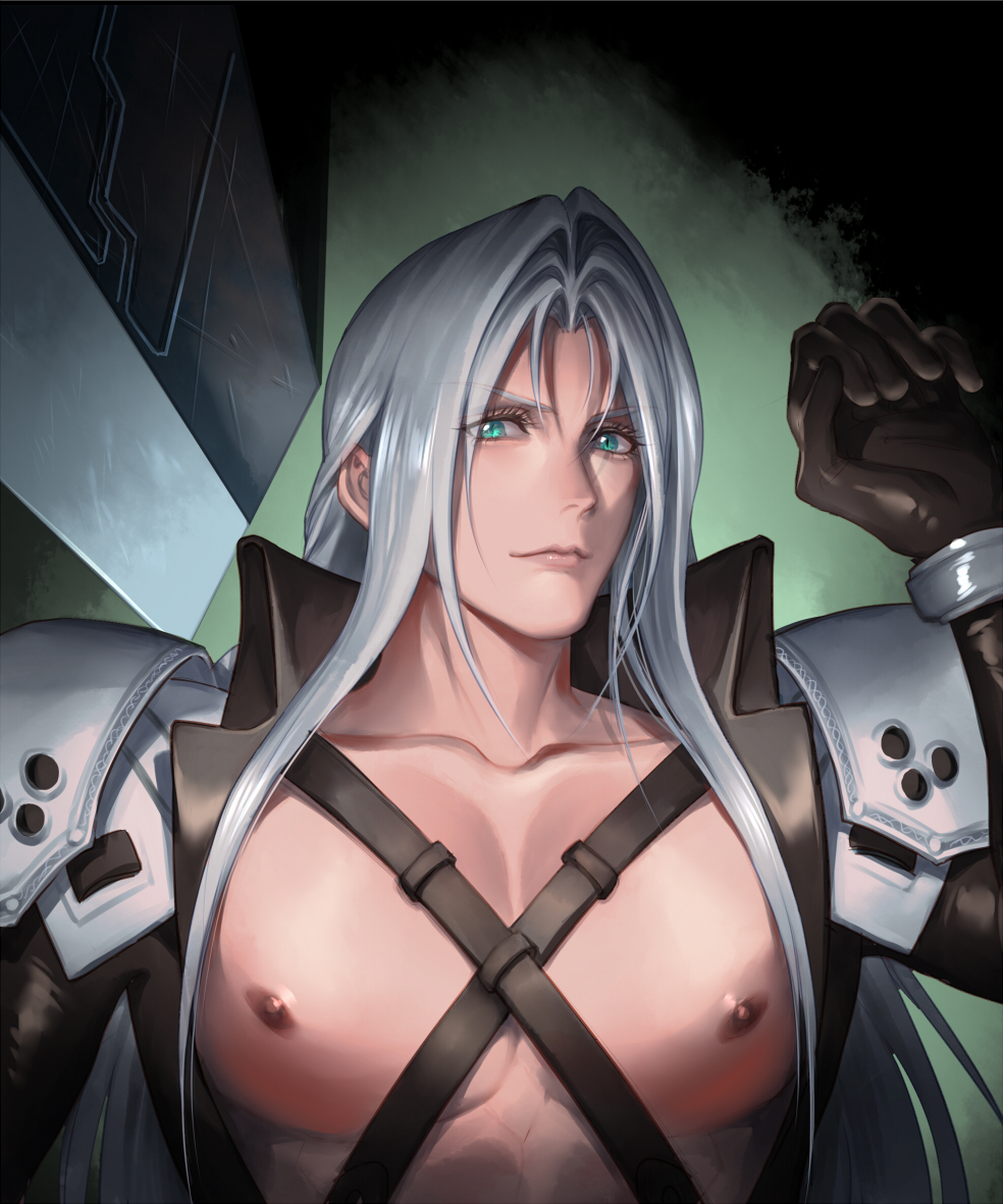 1boy aqua_eyes armor bishounen black_gloves black_jacket breast_mousepad buster_sword chest_strap closed_mouth collarbone eilinna final_fantasy final_fantasy_vii gloves green_background grey_hair high_collar jacket long_bangs long_hair long_sleeves looking_at_viewer male_focus mousepad pectorals sephiroth shoulder_armor slit_pupils solo