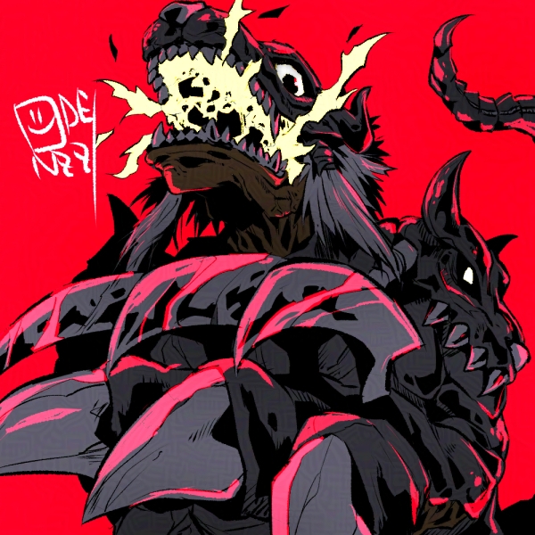 breath_weapon breathing_fire cerberumon digimon digimon_(creature) fire looking_at_viewer no_humans oden_(odenzzi) red_background simple_background solo upper_body wolf