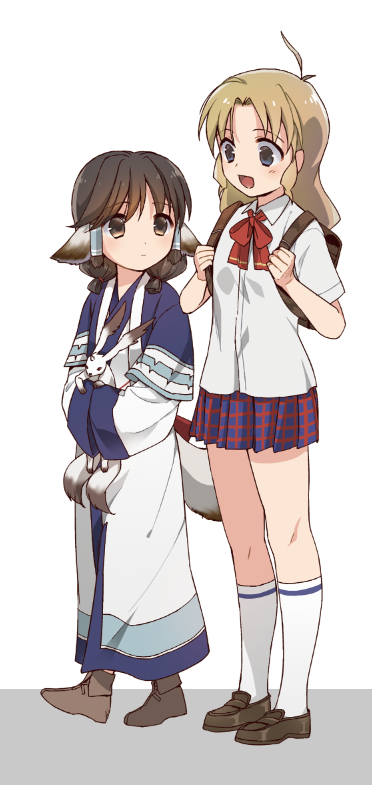 2girls ahoge ainu_clothes animal animal_ears aquaplus aruruu bag blonde_hair blue_eyes blush boots breasts brown_eyes brown_hair closed_mouth collared_shirt dress from_side full_body gachatara hair_between_eyes height_difference holding holding_animal kashiwagi_hatsune kizuato kosakichiii layered_sleeves long_hair long_sleeves looking_at_another multiple_girls open_mouth raised_eyebrows ribbon school_bag school_uniform shirt shoes short_sleeves sidelocks skirt small_breasts socks standing tail thighs utawarerumono utawarerumono:_lost_flag walking