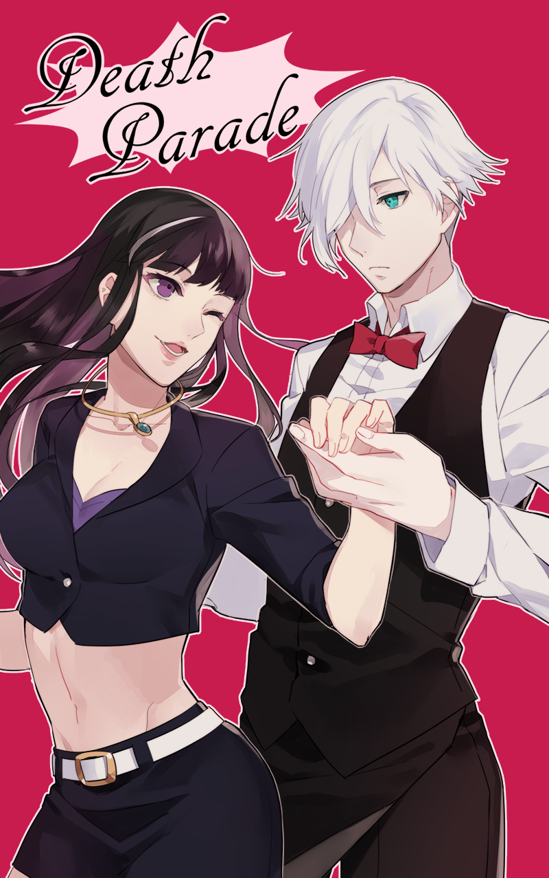 10s 1boy 1girl ;d aqua_eyes bad_id bad_pixiv_id belt black_hair black_skirt blazer bow bowtie breasts buttons chiyuki_(death_parade) cleavage collared_shirt copyright_name couple cowboy_shot crop_top death_parade decim_(death_parade) dress_shirt flipped_hair floating_hair frown hair_over_one_eye hand_grab head_tilt hetero highres holding_hands jacket jewelry kurokami_no_onna lipstick long_hair long_sleeves looking_at_another makeup midriff miniskirt multicolored_hair navel necklace one_eye_closed open_mouth outline pants pencil_skirt pendant purple_eyes red_background shirt short_hair simple_background skirt smile standing swept_bangs two-tone_hair vest white_hair white_shirt yayata_(884)