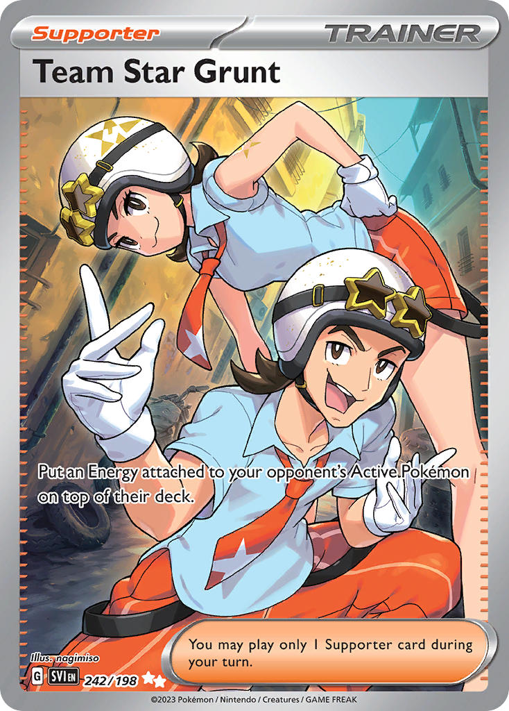 1boy 1girl :3 arm_tattoo artist_name blue_shirt breasts bright_pupils brown_eyes brown_hair building card_(medium) character_name closed_mouth collared_shirt company_name copyright_name copyright_notice english_text eyelashes gloves goggles goggles_on_headwear helmet medium_hair nagimiso naranja_academy_school_uniform necktie nintendo official_art open_mouth orange_necktie orange_pants orange_shorts pants pokemon pokemon_card pokemon_sv pokemon_tcg school_uniform shirt short_sleeves shorts smile squatting star-shaped_eyewear star_(symbol) tattoo team_star team_star_grunt team_star_uniform teeth third-party_source tinted_eyewear trading_card unused_tire upper_teeth_only white_gloves white_helmet white_pupils yellow-framed_eyewear