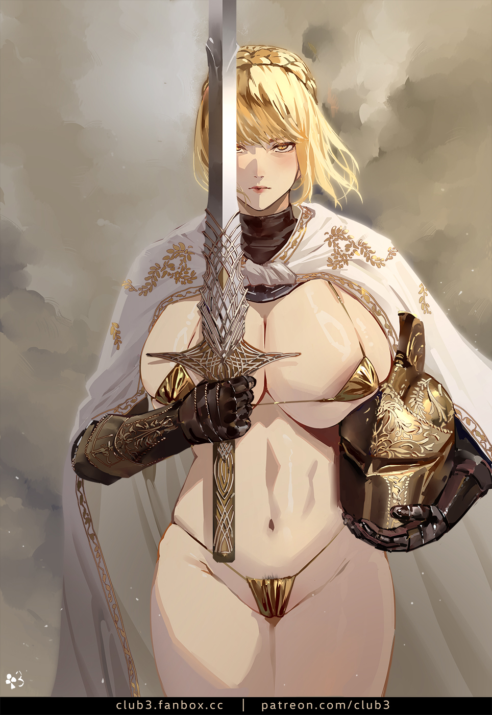 1girl armor ass bikini bikini_armor blonde_hair braid breasts cloak closed_mouth club3 commentary elden_ring elden_ring:_shadow_of_the_erdtree english_commentary fanbox_username female_pubic_hair gauntlets gold_bikini helmet highres holding holding_helmet holding_sword holding_weapon huge_breasts looking_at_viewer micro_bikini navel needle_knight_leda patreon_username pubic_hair pubic_hair_peek serious sex short_hair simple_background solo swimsuit sword thick_thighs thighs weapon white_cloak yellow_eyes