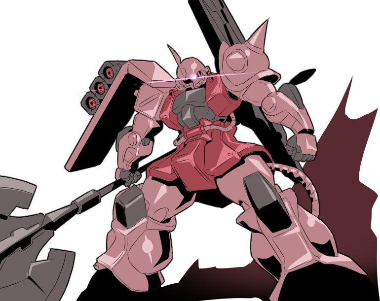 axe clenched_hands glowing glowing_eye gundam holding holding_axe looking_to_the_side mecha mobile_suit_gundam no_humans one-eyed oobari_masami_(style) parody pink_eyes robot solo style_parody white_background yabe_makoto zaku_ii_s_char_custom zeon