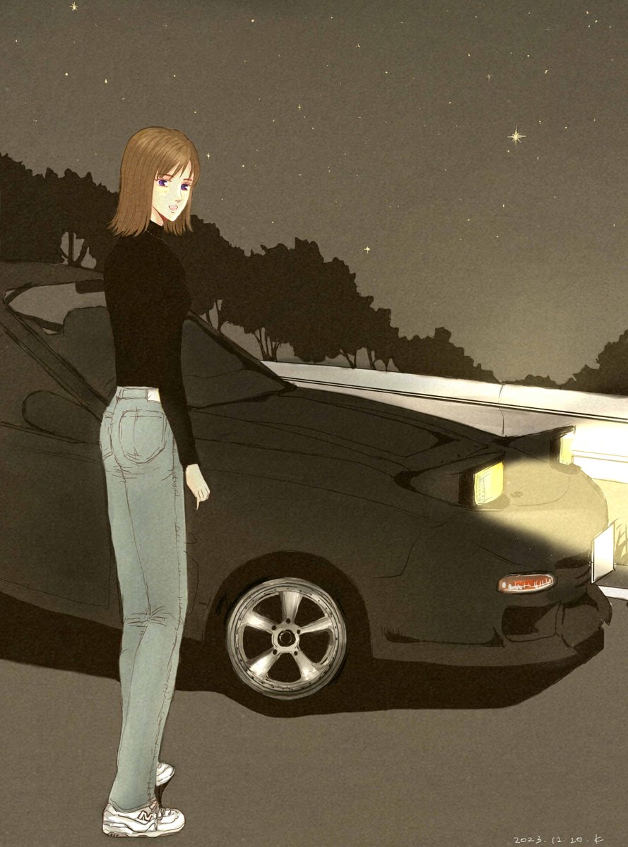 1girl black_car black_mirror black_shirt brown_hair car car_seat denim facing_back fence headlight_beam highres hill initial_d iwase_kyouko jeans long_sleeves looking_at_viewer mature_female mazda_rx-7 mazda_rx-7_fd medium_hair metalk203011 motor_vehicle night open_mouth pale_skin pants pocket shirt shoes side-view_mirror smile sneakers solo solo_focus sports_car standing star_(sky) tree unused_tire