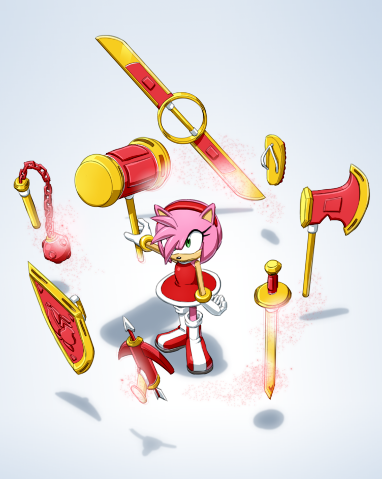 1girl amy_rose axe battle_axe bow_(weapon) crossbow dress flail floating floating_clothes floating_object floating_weapon furry furry_female gloves green_eyes grey_background hammer holding holding_hammer joeadok la_chancla red_dress red_shoes shield shoes solo sonic_(series) standing sword toy_hammer weapon white_gloves