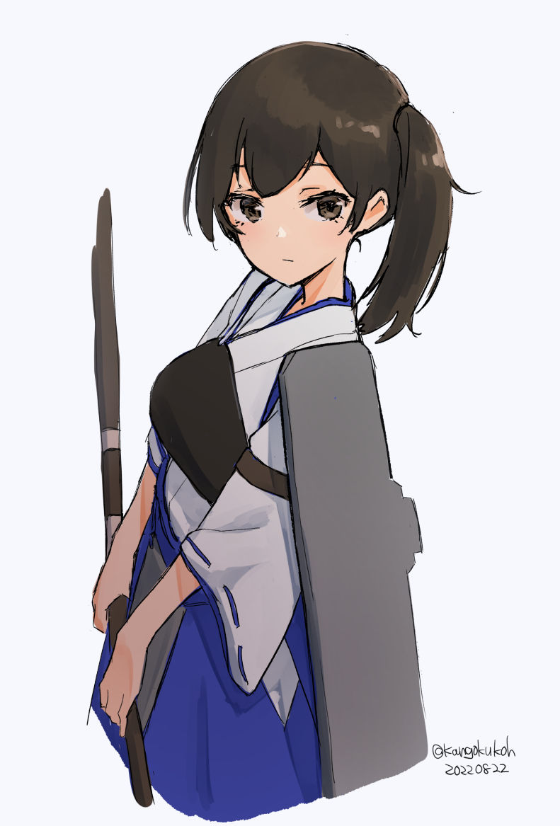 blue_hakama brown_eyes brown_hair cowboy_shot dated flight_deck hakama hakama_short_skirt hakama_skirt holding japanese_clothes kaga_(kancolle) kangoku_kou kantai_collection long_hair muneate one-hour_drawing_challenge side_ponytail simple_background skirt tasuki twitter_username white_background yumi_(bow)