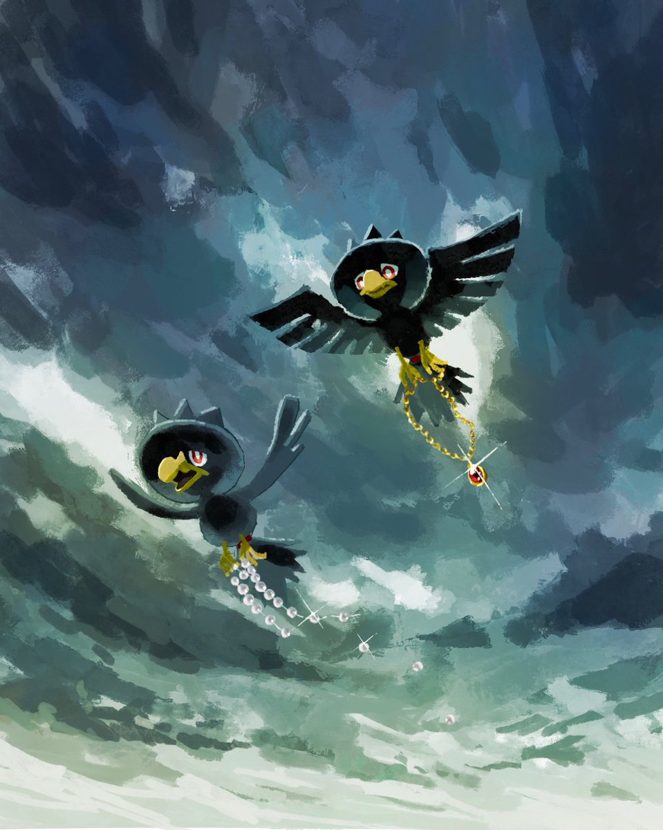 aruco_co bird broken broken_necklace closed_mouth cloud cloudy_sky flying from_below full_body gem gen_2_pokemon glint gold_necklace highres holding_with_feet jewelry murkrow necklace nintendo no_humans open_mouth outdoors pearl_necklace pokemon pokemon_(creature) red_eyes sky theft