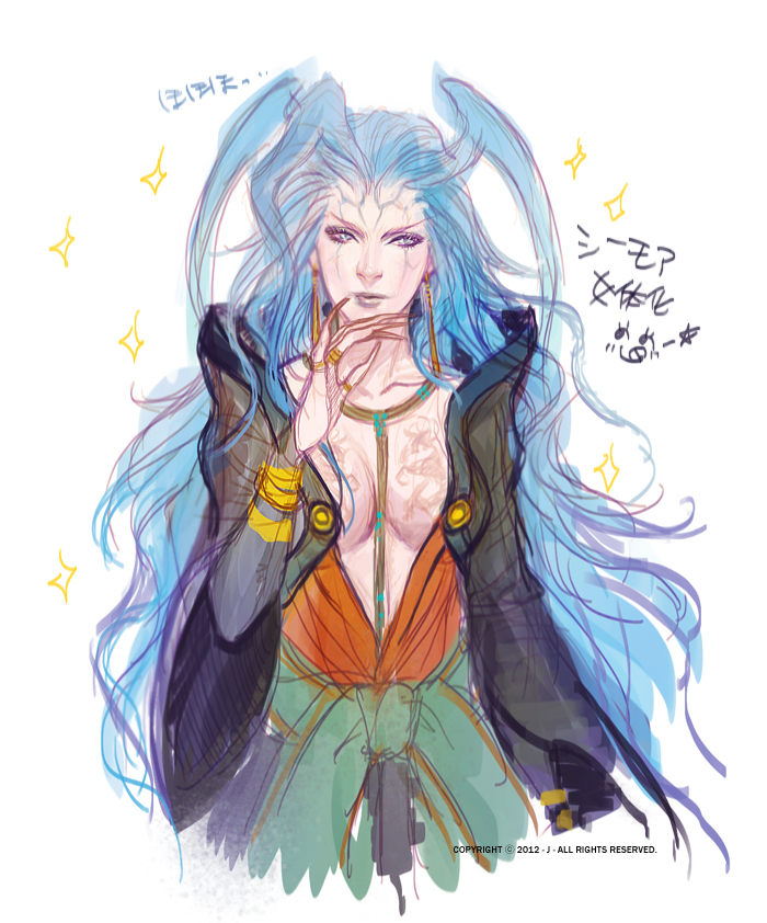 00s 1girl between_breasts blue_eyes blue_hair breasts brown_hair center_opening claws cleavage copyright_name earrings facial_mark female_focus final_fantasy final_fantasy_x fingernails genderswap genderswap_(mtf) j_(onose1213) jewelry large_breasts lips long_fingernails long_hair looking_away matching_hair/eyes ring robe sash seymour_guado sketch solo sparkle tattoo