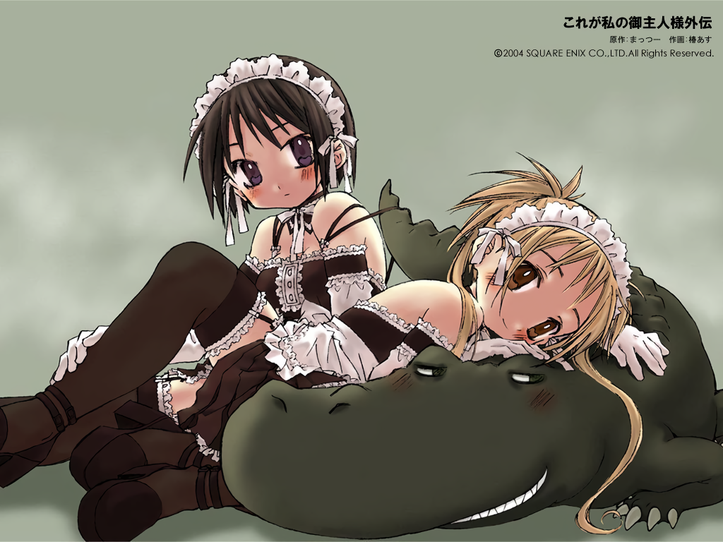 2004 2girls alligator black_eyes black_footwear black_hair blonde_hair blush breasts brown_eyes cleavage company_name copyright_notice crocodilian detached_collar elbow_gloves expressionless garter_straps gloves grin head_rest high_heels kore_ga_watashi_no_goshujin-sama long_hair looking_at_viewer maid maid_headdress miniskirt multiple_girls nakabayashi_yoshitaka&#039;s_maid_uniform official_art pleated_skirt pochi_(kore_ga_watashi_no_goshujin-sama) pulling_another&#039;s_clothes sawatari_izumi sawatari_mitsuki sharp_teeth short_hair sitting skirt smile strap_pull strappy_heels teeth thighhighs