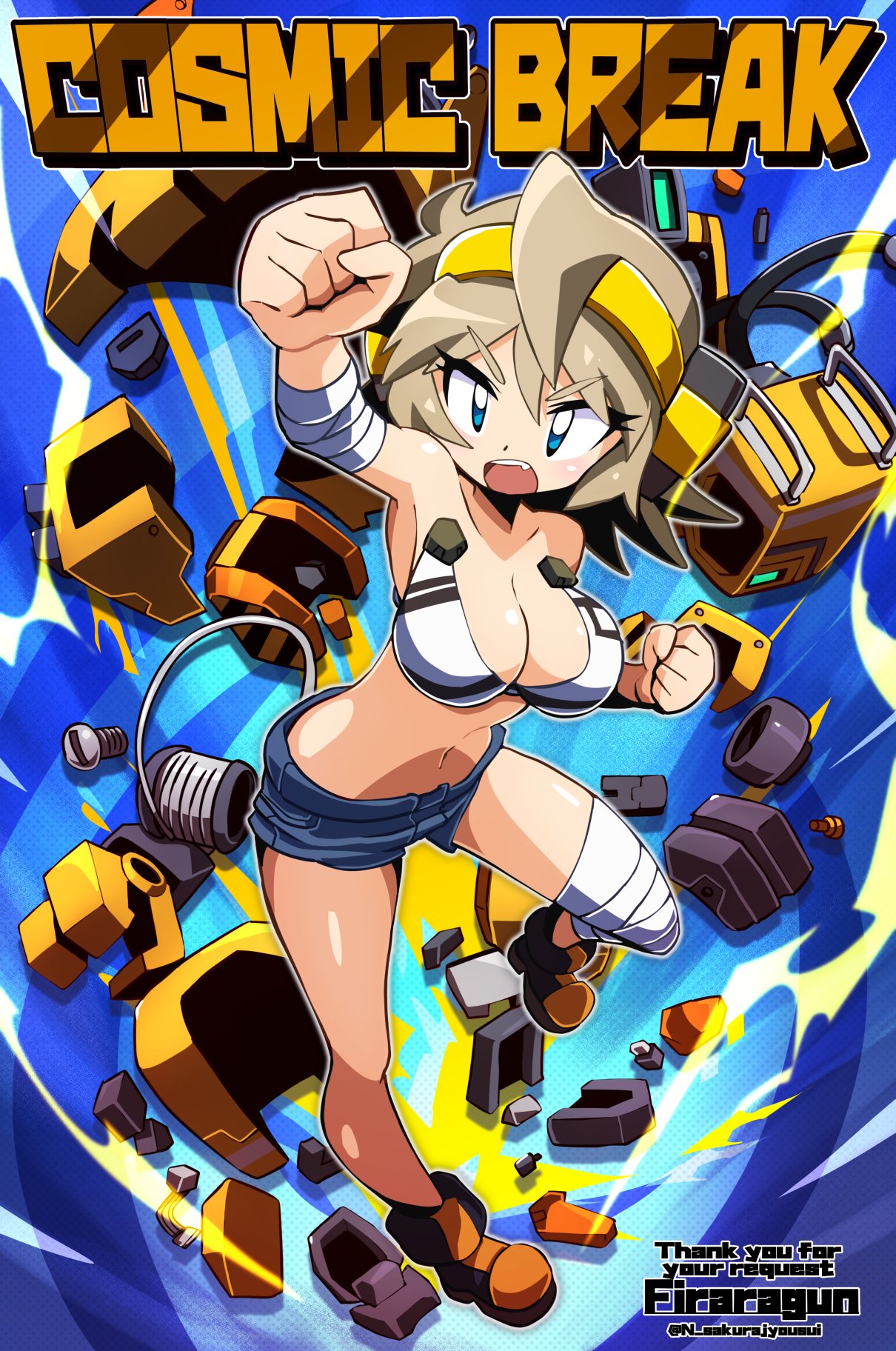 artist_name bandaged_leg bandages blue_eyes bra breasts ciel_dragbucket cleavage clenched_hands commentary_request commission copyright_name cosmic_break denim denim_shorts english_text highres large_breasts light_brown_hair looking_at_viewer mecha_musume navel sakurajyousui_nami short_shorts shorts skeb_commission thank_you twitter_username underwear white_bra