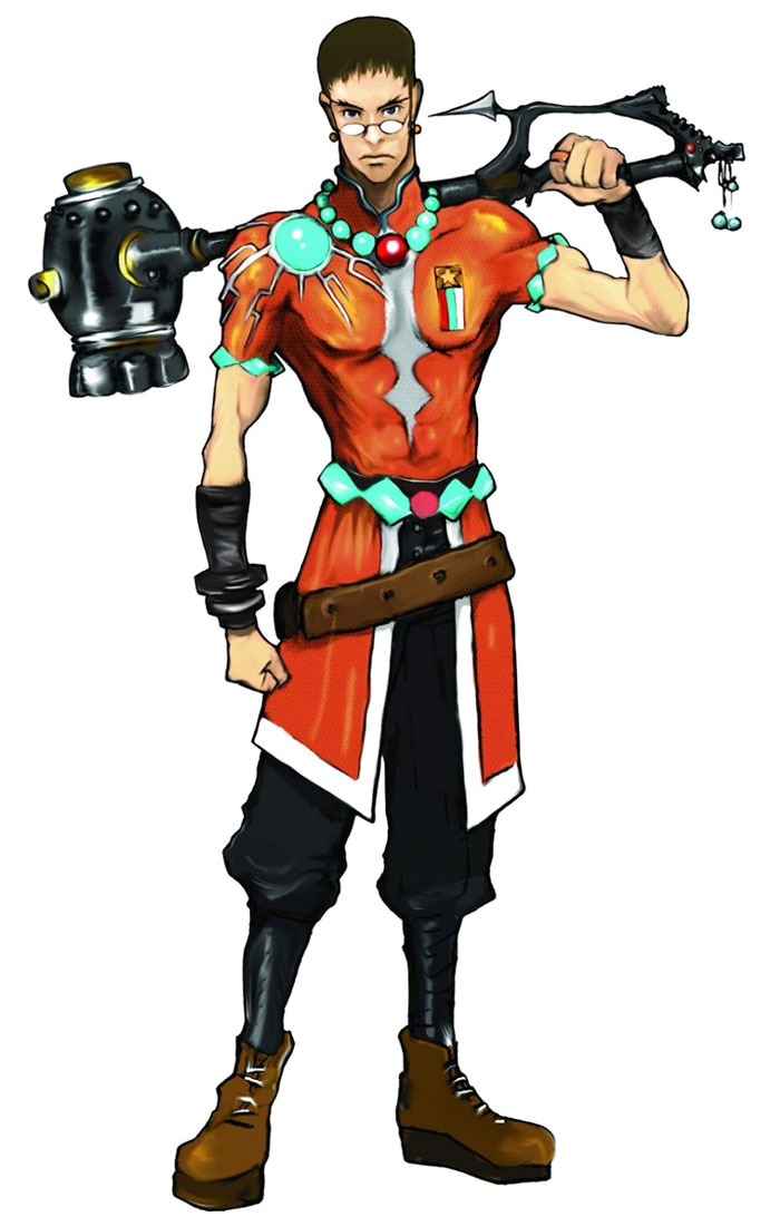 1boy abs beads belt black_eyes black_hair boots bracer brown_eyes brown_hair clenched_hand earrings expressionless eyebrows full_body gem glasses hammer holding jewelry charm_(object) looking_at_viewer male_focus muscular nakazawa_kazuto necklace official_art orange_shirt over_shoulder pants ring shirt short_hair simple_background skin_tight solo standing star_(symbol) tales_of_(series) tales_of_legendia turtleneck weapon white_background will_raynard
