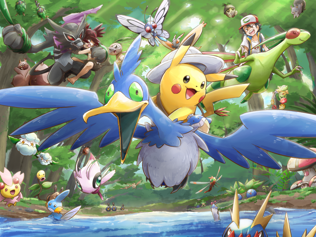 2boys :d alternate_color amoonguss ash_ketchum ayo_(ayosanri009) barboach bellsprout bird black_eyes bug burmy burmy_(plant) butterfly butterfree carvanha celebi cherrim cherrim_(sunshine) cherubi clothed_pokemon comfey commentary_request cottonee cramorant day fish flygon flying foongus forest frown gen_1_pokemon gen_2_pokemon gen_3_pokemon gen_4_pokemon gen_5_pokemon gen_7_pokemon gen_8_pokemon greedent green_eyes hair_between_eyes happy insect koko_(pokemon) ledyba legendary_pokemon looking_at_another looking_at_viewer mothim mudkip multiple_boys mythical_pokemon nature nintendo nuzleaf oddish open_mouth outdoors pansage pidgey pikachu pokemon pokemon_(anime) pokemon_(creature) pokemon_the_movie:_secrets_of_the_jungle riding riding_pokemon roggenrola seedot sentret shiny_pokemon skwovet smile spiked_hair standing sunlight tree wailmer water wormadam wormadam_(plant) yanma zarude zarude_(dada)
