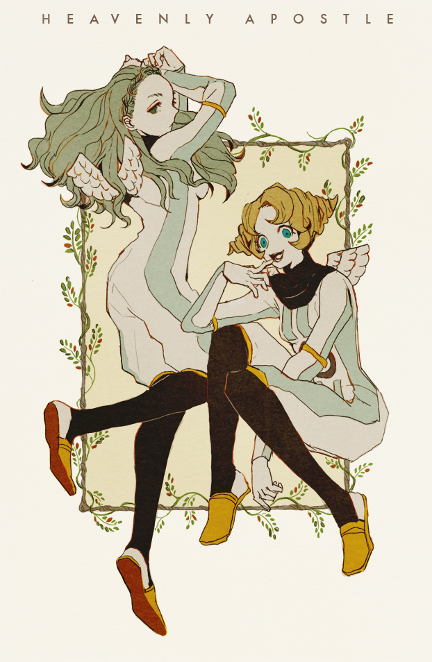 2girls aiel angel bad_id bad_pixiv_id blonde_hair blue_eyes green_hair guel inazuma_eleven inazuma_eleven_(series) long_hair multiple_girls pantyhose takara_kaori wings