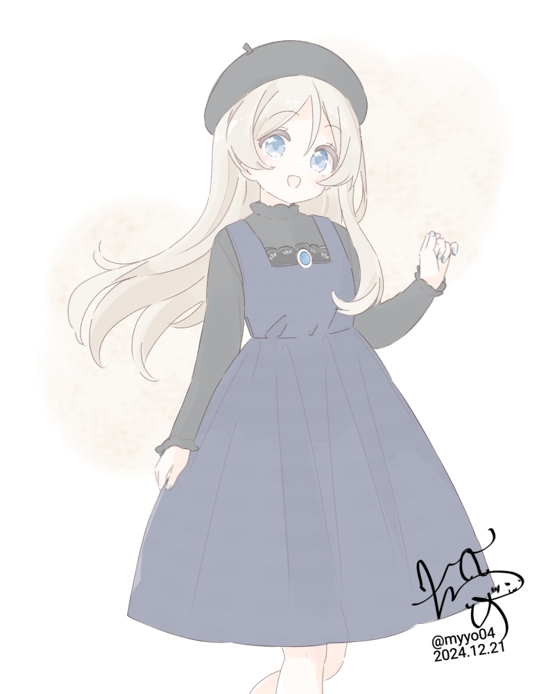 1girl beret black_hat black_shirt blonde_hair blue_dress blue_eyes chame_(myyo04) cowboy_shot dated dress hat javelin_(autumn)_(kancolle) javelin_(kancolle) kantai_collection long_sleeves looking_at_viewer official_alternate_costume open_mouth pinafore_dress shirt sidelocks signature simple_background sleeveless sleeveless_dress smile solo white_background white_hair