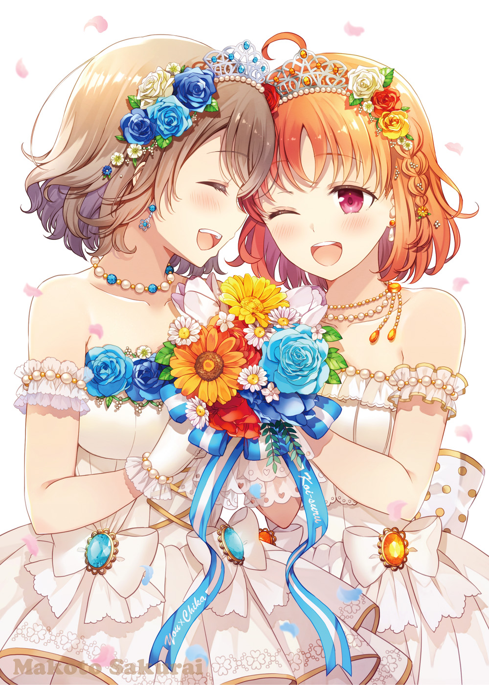2girls blue_flower blue_rose blush bouquet bridal_veil bride closed_eyes crown daisy_(flower) dress female_focus flower gem gloves grey_hair hair_flower hair_ornament half_gloves happy highres holding holding_bouquet jewelry love_live! love_live!_sunshine!! multiple_girls necklace one_eye_closed open_mouth orange_gemstone orange_hair pearl_necklace petals plant red_eyes red_flower red_rose ribbon rose sakurai_makoto_(custom_size) short_hair smile strapless strapless_dress takami_chika tiara veil watanabe_you wedding wedding_dress white_dress white_flower white_gloves white_ribbon white_rose wife_and_wife yuri
