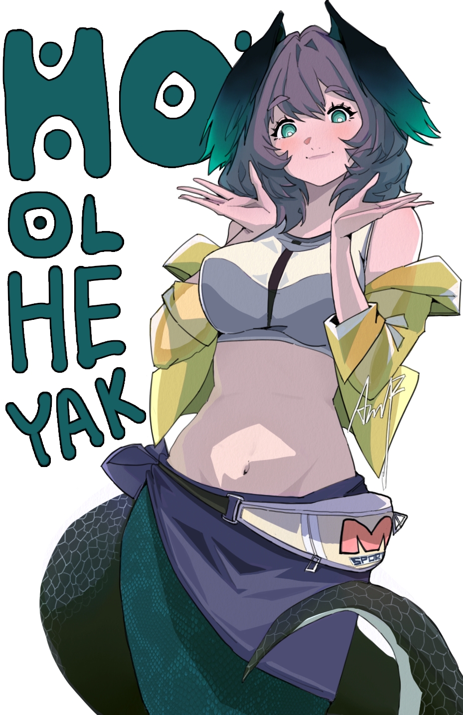 1girl a_mei_f arknights bare_shoulders black_tail blush breasts bright_pupils character_name chinese_commentary closed_mouth commentary cowboy_shot crop_top green_eyes grey_hair grey_sports_bra groin hands_up head_wings highres ho&#039;olheyak_(arknights) lamia light_smile looking_at_viewer medium_breasts medium_hair midriff monster_girl navel off_shoulder signature simple_background solo sports_bra standing tail white_background white_pupils wings