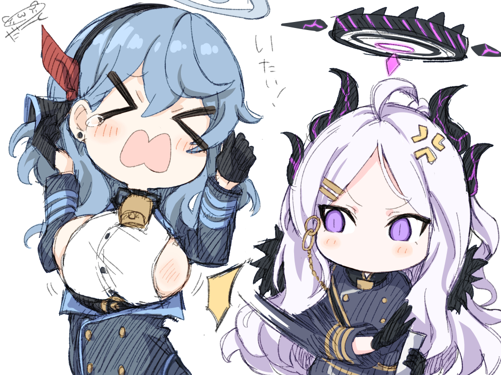 &gt;_&lt; 2girls :o ahoge ako_(blue_archive) anger_vein bell black_gloves blue_archive blue_hair blush breast_slap breasts chibi cowbell darkside demon_girl demon_horns forehead gloves halo hina_(blue_archive) horns lineart long_hair medium_breasts multiple_girls multiple_horns neck_bell no_mouth open_mouth pain parted_bangs purple_eyes sideboob signature simple_background spanking teardrop wavy_mouth white_background white_hair