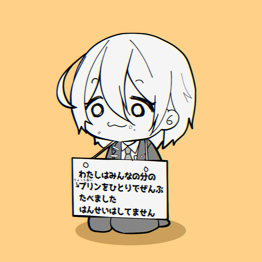 1girl chibi coat collared_shirt don_quixote_(project_moon) food food_on_face greyscale_with_colored_background kneeling limbus_company long_sleeves maki_maki_(makimakipoipoi) necktie orange_background pants pet_shaming project_moon shirt short_hair sign solo translation_request wing_collar