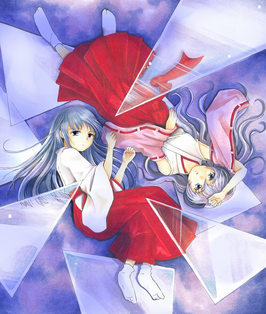 2girls bad_id bad_pixiv_id blue_eyes blue_hair detached_sleeves full_body furude_rika gintarou_(puipuiginta) hakama hakama_skirt hanyuu higurashi_no_naku_koro_ni horns japanese_clothes long_hair miko multiple_girls red_hakama skirt