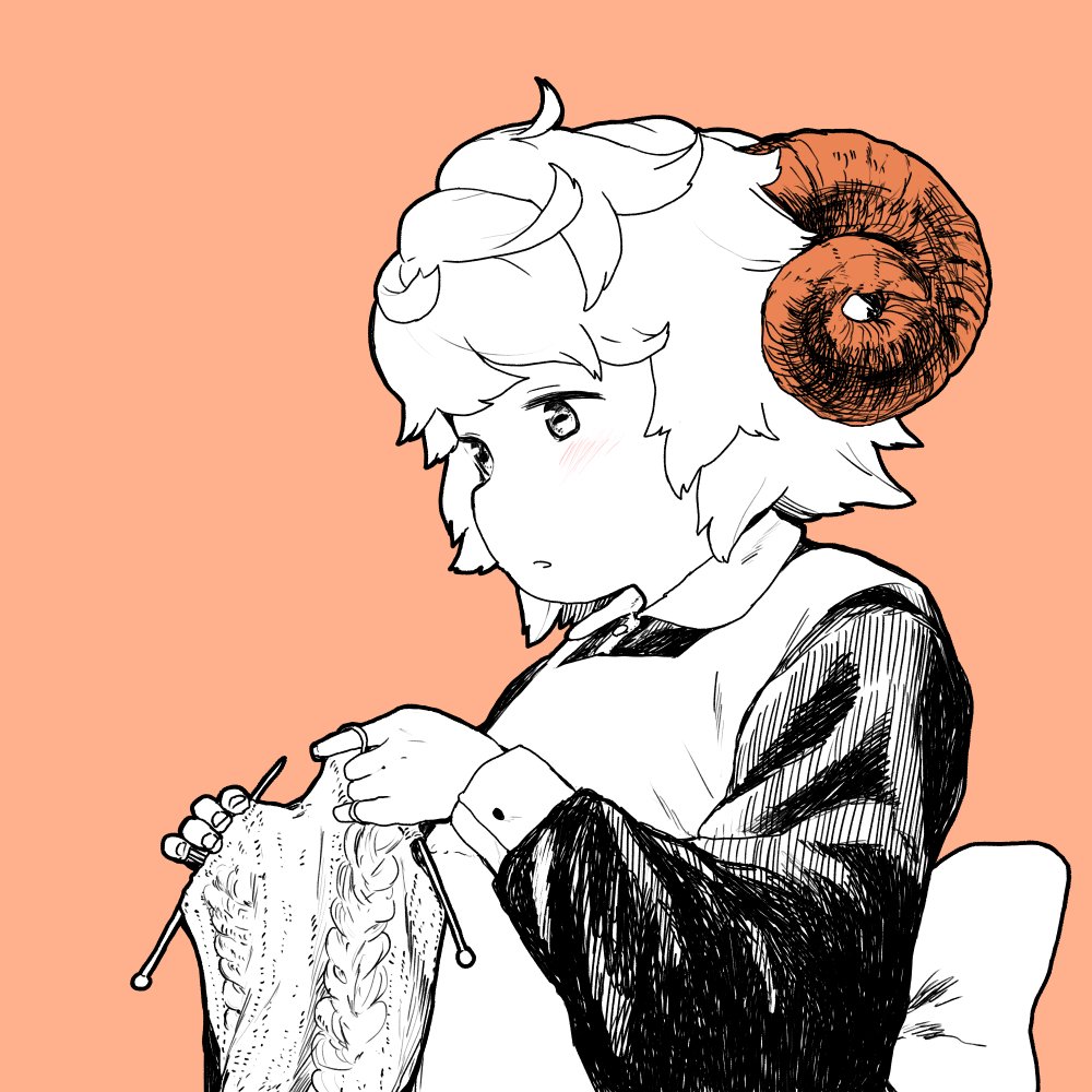 1girl commentary_request hands_up horns knitting knitting_needle long_sleeves matsuda_kouta needle orange_background original short_hair simple_background solo upper_body