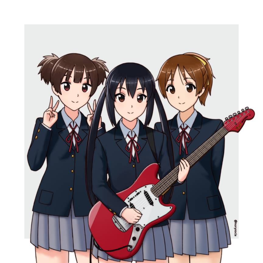 3girls artist_name black_hair blazer blue_jacket brown_eyes brown_hair buttoned_cuffs buttons closed_mouth collared_shirt commentary_request double_v fender_(company) grey_skirt guitar hirasawa_ui holding holding_instrument instrument jacket k-on! long_hair long_sleeves looking_at_viewer morynocle multiple_girls nakano_azusa neck_ribbon pleated_skirt ponytail red_ribbon ribbon sakuragaoka_high_school_uniform school_uniform shirt short_hair short_twintails skirt smile suzuki_jun twintails twitter_username v watermark white_shirt yellow_ribbon