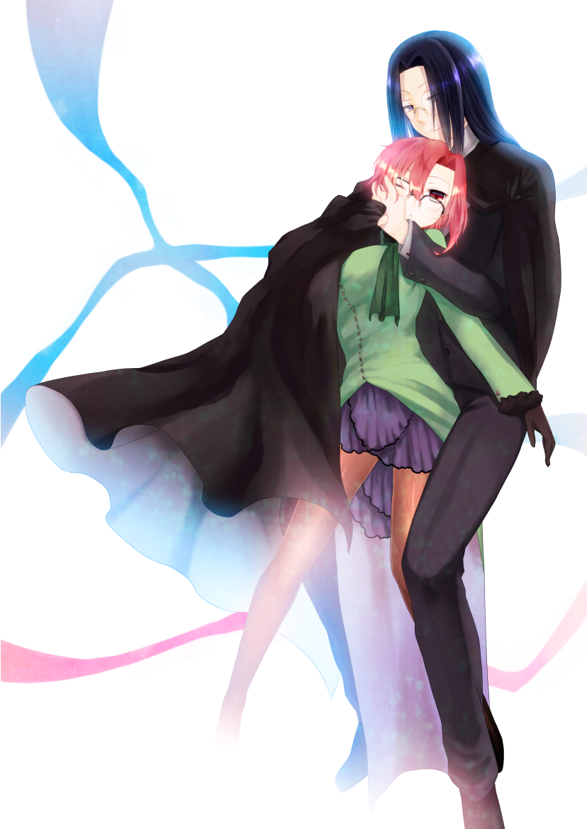 1boy 1girl aozaki_touko aozaki_touko_(mahou_tsukai_no_yoru) bad_id bad_pixiv_id black_hair cape cloak couple fumizuka_eiri glasses hetero kamehima long_hair mahou_tsukai_no_yoru pantyhose red_eyes red_hair short_hair wince