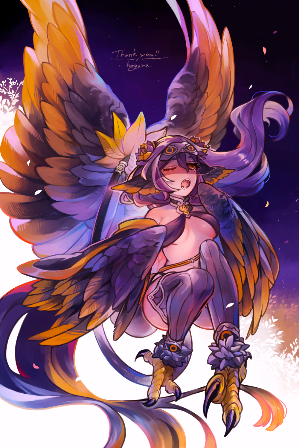 1girl animal_ears animal_feet bird_ears breasts eye_mask feathered_wings feathers flower hair_flower hair_ornament harpy highres hogara long_hair medium_breasts monster_girl multiple_wings one_eye_closed open_mouth orange_eyes orange_feathers orange_wings original partially_feathered_tail purple_feathers purple_hair purple_thighhighs purple_wings ribbed_thighhighs solo tail tail_ornament tail_ring talons thighhighs two-tone_wings winged_arms wings yawning