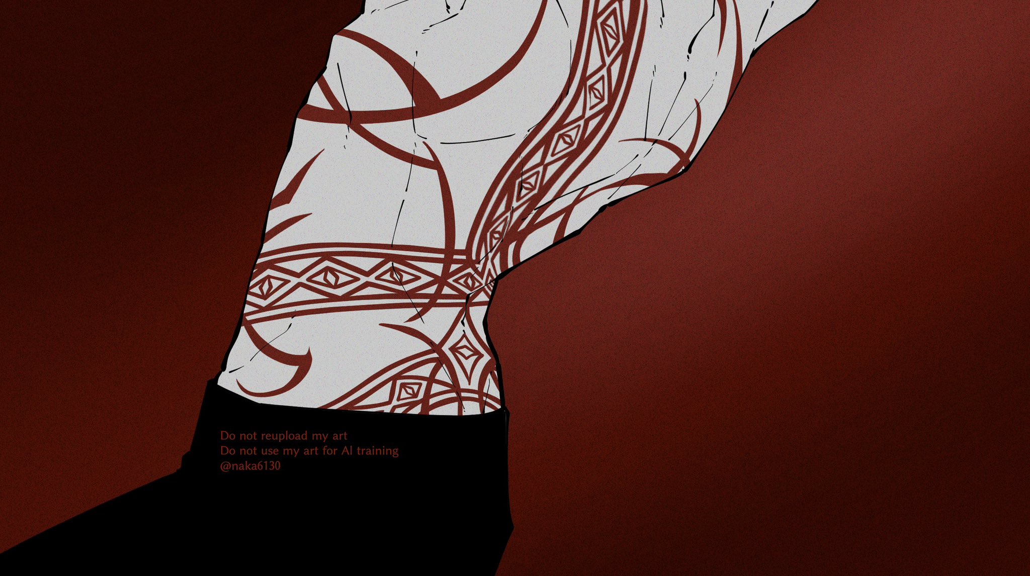 1boy arched_back arms_up back_muscles black_pants crest highres male_focus michael_roa_valdamjong muscular muscular_male nakatani_(naka6130) pants red_background stretching tsukihime tsukihime_(remake)