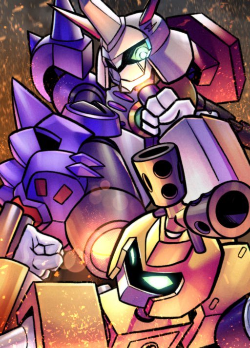arm_blade arm_cannon armor battle clenched_hands crossover digimon green_eyes horns humanoid_robot lbrightbladel medarot metabee omegaknight robot shoulder_armor spikes weapon white_armor yellow_armor