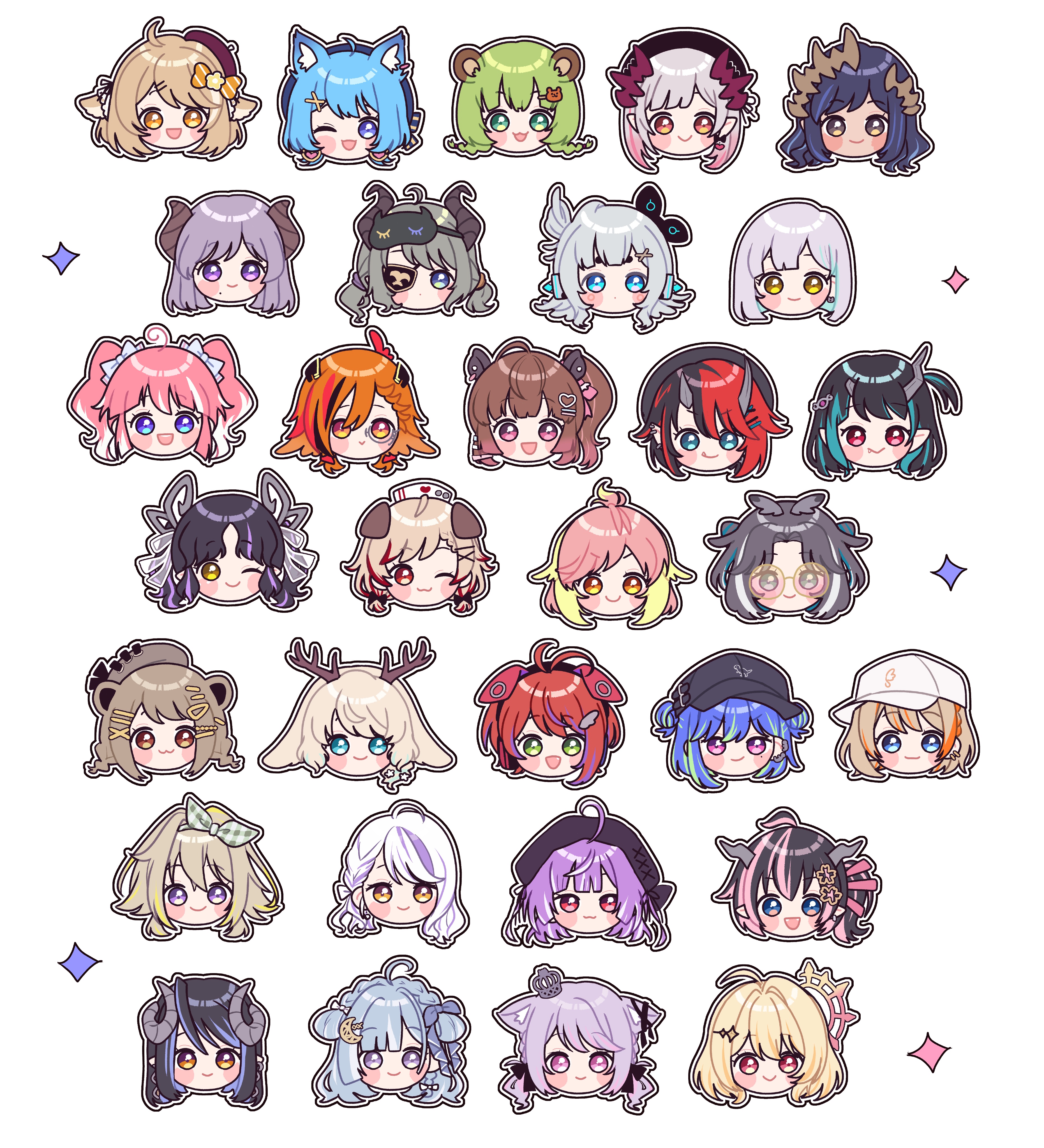 6+girls absurdres ahoge akane_canna akane_canna_(2nd_costume) amaui and_uge animal animal_ears animal_on_head antlers baseball_cap beret bird bird_on_head black_hair black_headwear blonde_hair blue_eyes blunt_bangs bob_cut bow braid brown_eyes brown_hair brown_headwear brown_horns capybara_ears capybara_girl chibi closed_mouth commentary_request curled_horns demon_girl demon_horns dog_ears double_bun earrings everyone eyepatch fake_animal_ears fang fang_out glasses gradient_hair green_eyes green_hair grey_bow grey_hair grey_horns hair_between_eyes hair_bow hair_bun hair_ornament hairclip halo hat head_only headphones hebiyoi_tier hebiyoi_tier_(1st_costume) highres hinata_mashu hinokuma_ran hira_hikari hood hood_up horns ieiri_popo ieiri_popo_(2nd_costume) ina_uruu inaba_haneru_(animare) jewelry kanade_kanon kazami_kuku kino_haruc kisaki_anko kohaku_yuri kohaku_yuri_(2nd_costume) kojo_anna kojo_anna_(3rd_costume) konan_mia konan_mia_(2nd_costume) light_brown_hair long_bangs looking_at_viewer maid_headdress monocle multicolored_hair multiple_girls nanashi_inc. nurse_cap oinomori_may oinomori_may_(1st_costume) on_head one_eye_closed open_mouth orange_hair oura_rukako oura_rukako_(2nd_costume) pink-tinted_eyewear pink_hair pointy_ears purple_eyes purple_hair red_hair rimless_eyewear ryugasaki_rene ryugasaki_rene_(3rd_costume) saionji_mary sekishiro_mico seshima_rui shimamura_charlotte shishio_chris shishio_chris_(3rd_costume) shisui_kiki shisui_kiki_(2nd_costume) short_hair simple_background sleep_mask smile souya_ichika souya_ichika_(5th_costume) streaked_hair suou_patra suou_patra_(8th_costume) suzumi_nemo suzumi_nemo_(2nd_costume) tinted_eyewear touri_sei touri_sei_(2nd_costume) tsukinoki_tirol twintails v-shaped_eyebrows virtual_youtuber white_background white_headwear white_hood yunohara_izumi