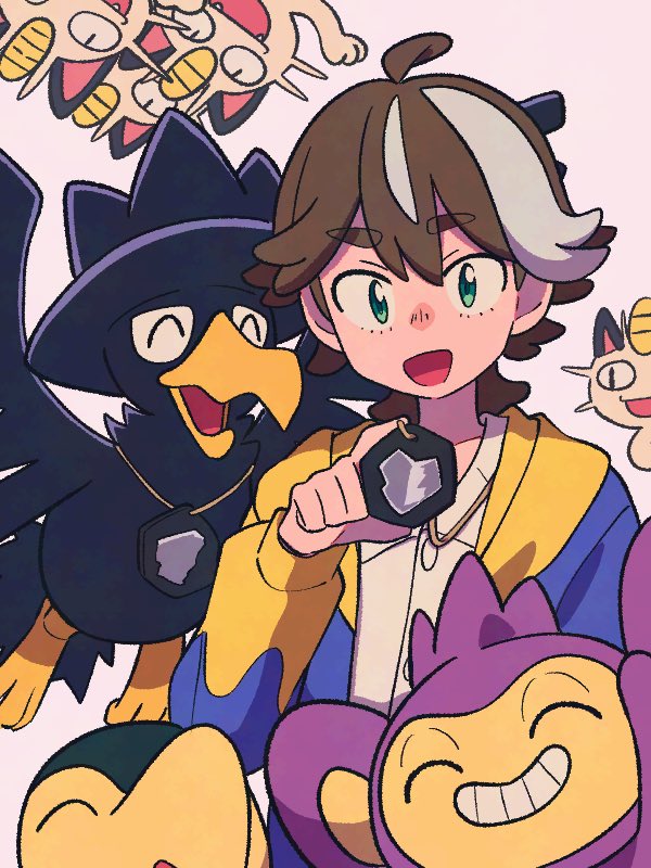 1boy :d ahoge aipom brown_hair commentary_request gen_1_pokemon gen_2_pokemon green_eyes grey_hair hand_up happy holding hood hood_down hoodie long_sleeves looking_at_viewer male_focus medium_hair meowth multicolored_hair murkrow nintendo open_clothes open_hoodie open_mouth pokemon pokemon_(creature) smile two-tone_hair two-tone_hoodie tyako_089