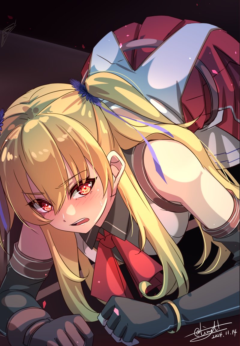 1girl alisa_reinford blonde_hair blush bracelet crawling dated double-parted_bangs eiyuu_densetsu elbow_gloves embarrassed fingerless_gloves gloves hair_between_eyes jewelry long_hair open_mouth red_eyes sen_no_kiseki sen_no_kiseki_(series) sen_no_kiseki_ii sidelocks signature skirt sleeveless solo tinybiard twintails twitter_username