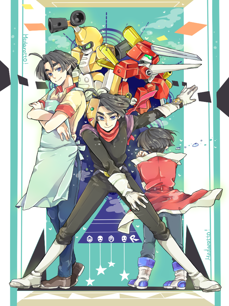 3boys agata_hikaru age_progression aged_down archbeetle black_bodysuit black_hair blue_eyes bodysuit boots child crossed_arms gloves jacket mai_(ma1920) mask medarot medawatch metabee multiple_boys multiple_persona parted_bangs red_jacket short_hair