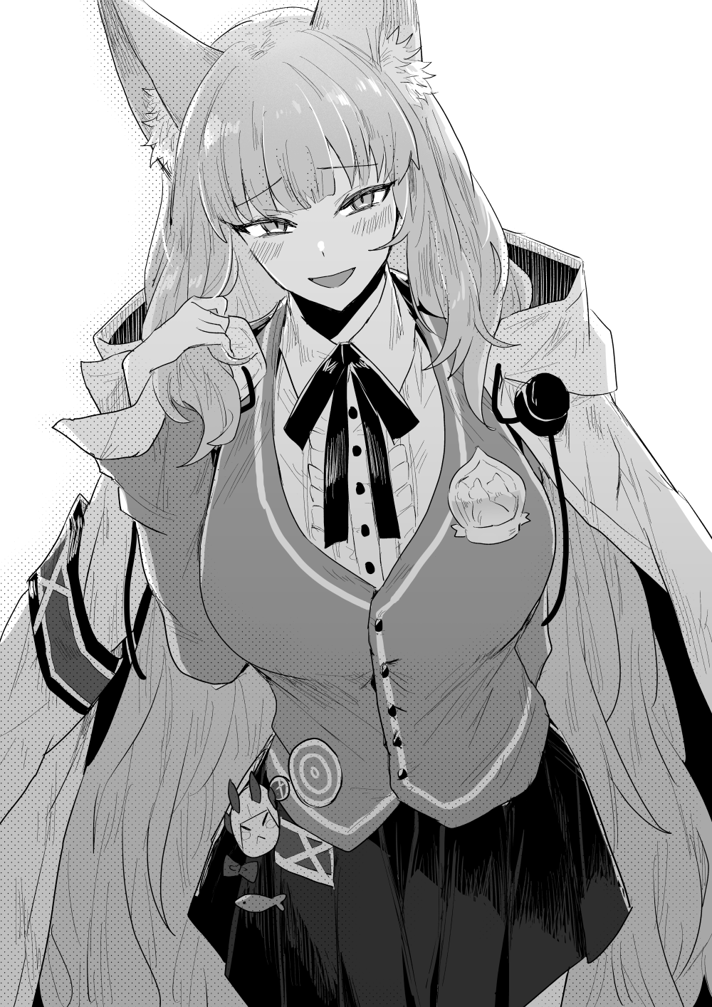 1girl :d animal_ear_fluff animal_ears arknights arm_behind_back badge blush breasts button_badge buttons cardigan cat_ears cat_girl cat_tail center_frills coat collared_shirt cowboy_shot frills greyscale hand_up harmonie_(arknights) highres holding holding_own_hair iwashi_80 long_hair long_sleeves looking_at_viewer monochrome neck_ribbon open_mouth pleated_skirt ribbon shirt simple_background skirt smile solo tail very_long_hair white_background