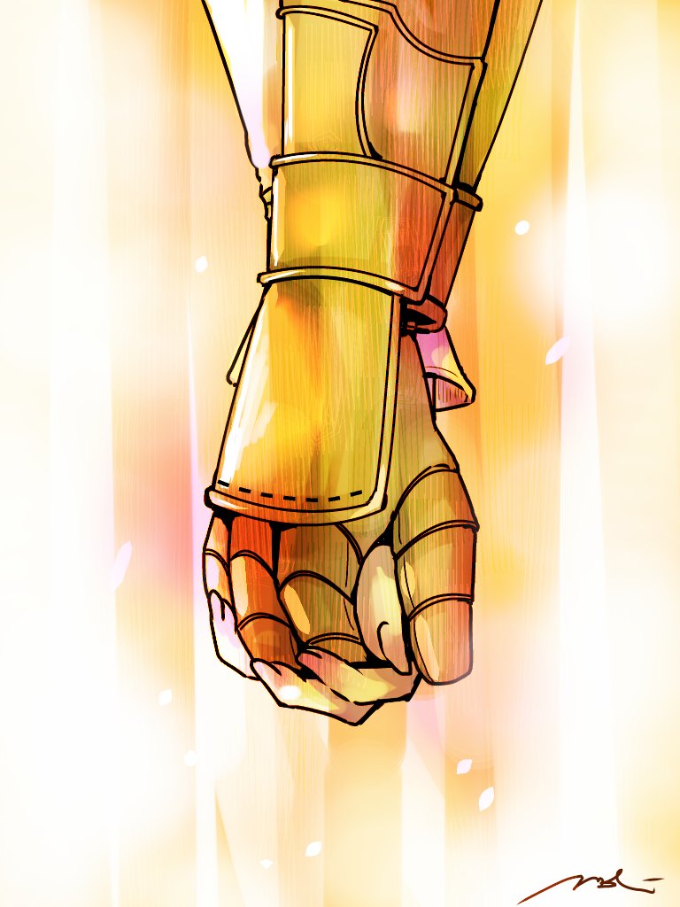 1boy 1girl close-up couple delita_heiral final_fantasy final_fantasy_tactics fingernails gauntlets hetero holding_hands interlocked_fingers long_sleeves mochi_(hanamaruudondesu) ovelia_atkascha signature sleeves_past_wrists vambraces yellow_background