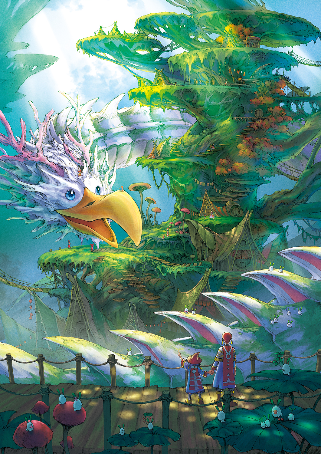 1boy 1girl animal bird blue_eyes boots creature day dragon eastern_dragon fantasy highres holding_hands light_rays moss mushroom nature original outdoors plant scenery standing sunbeam sunlight tree yukoiwase