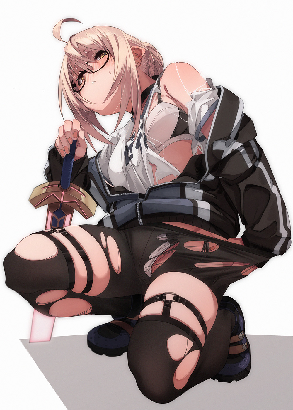 1girl ahoge artoria_pendragon_(fate) bike_shorts black-framed_eyewear black_thighhighs blonde_hair breasts commentary_request fate/grand_order fate_(series) fu-ta glasses highres holding holding_sword holding_weapon looking_at_viewer mysterious_heroine_x_alter_(fate) panties panties_under_bike_shorts semi-rimless_eyewear shirt short_hair sidelocks simple_background small_breasts solo sword thighhighs torn_bike_shorts torn_clothes torn_shirt torn_thighhighs under-rim_eyewear underwear weapon white_background white_panties yellow_eyes