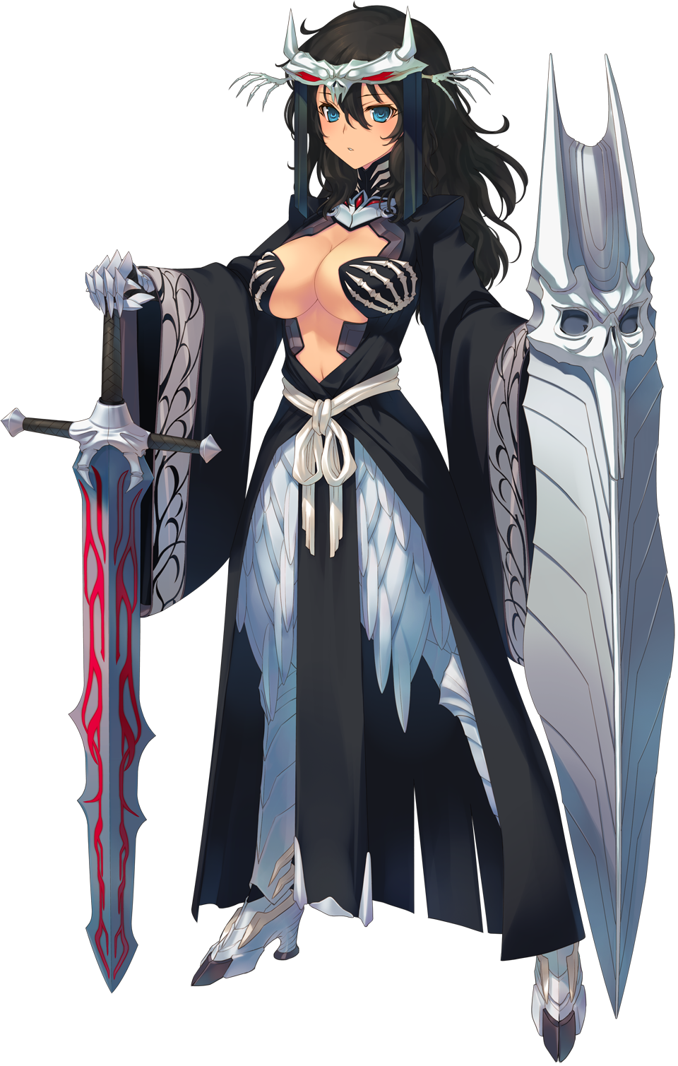 1girl aquaplus armor armored_dress bou_(inubou) breasts center_opening cleavage dark-skinned_female dark_skin detached_sleeves dress dungeon_travelers_2 female_focus full_body grisherina_efleanor hair_ornament highres long_hair looking_at_viewer shield solo standing sword thighhighs transparent_background weapon wide_sleeves
