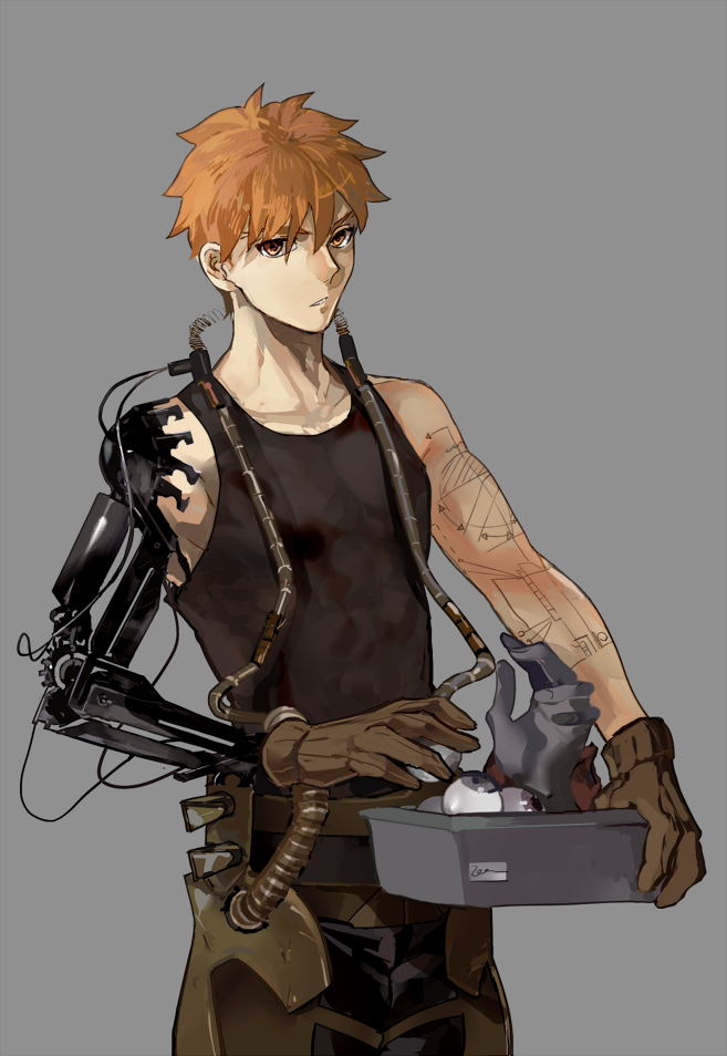 1boy black_tank_top crimo disembodied_hand emiya_shirou eyeball fate/stay_night fate_(series) gears gloves grey_background looking_at_viewer machinery orange_hair prosthesis prosthetic_arm simple_background solo tank_top tattoo tube upper_body yellow_eyes