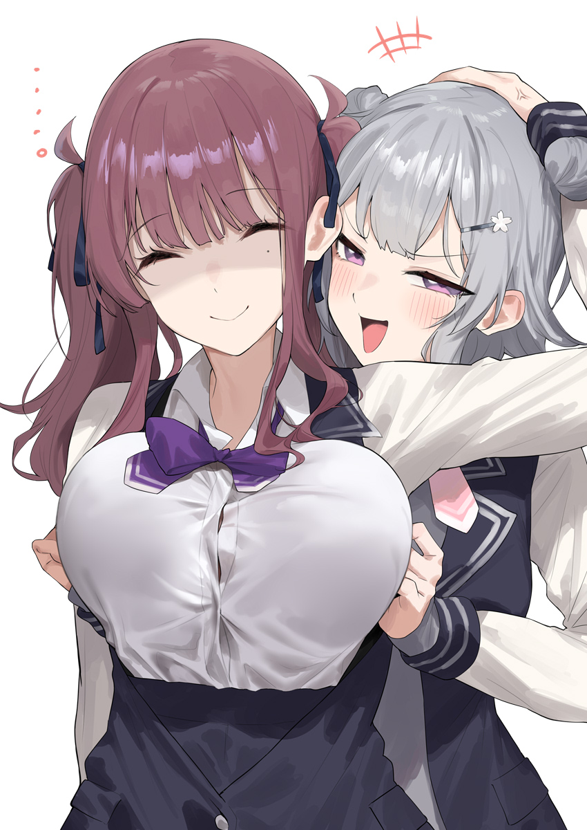 ... 2girls :d blush bow bowtie breasts cevio closed_eyes closed_mouth collared_shirt double_bun grey_hair hair_bun hair_ornament hairclip highres koharu_rikka large_breasts long_hair long_sleeves looking_at_viewer mole mole_under_eye multiple_girls natsuki_karin open_mouth purple_bow purple_bowtie purple_eyes purple_hair shirt shirt_tucked_in sidelocks simple_background smile twintails upper_body white_background white_shirt yappen