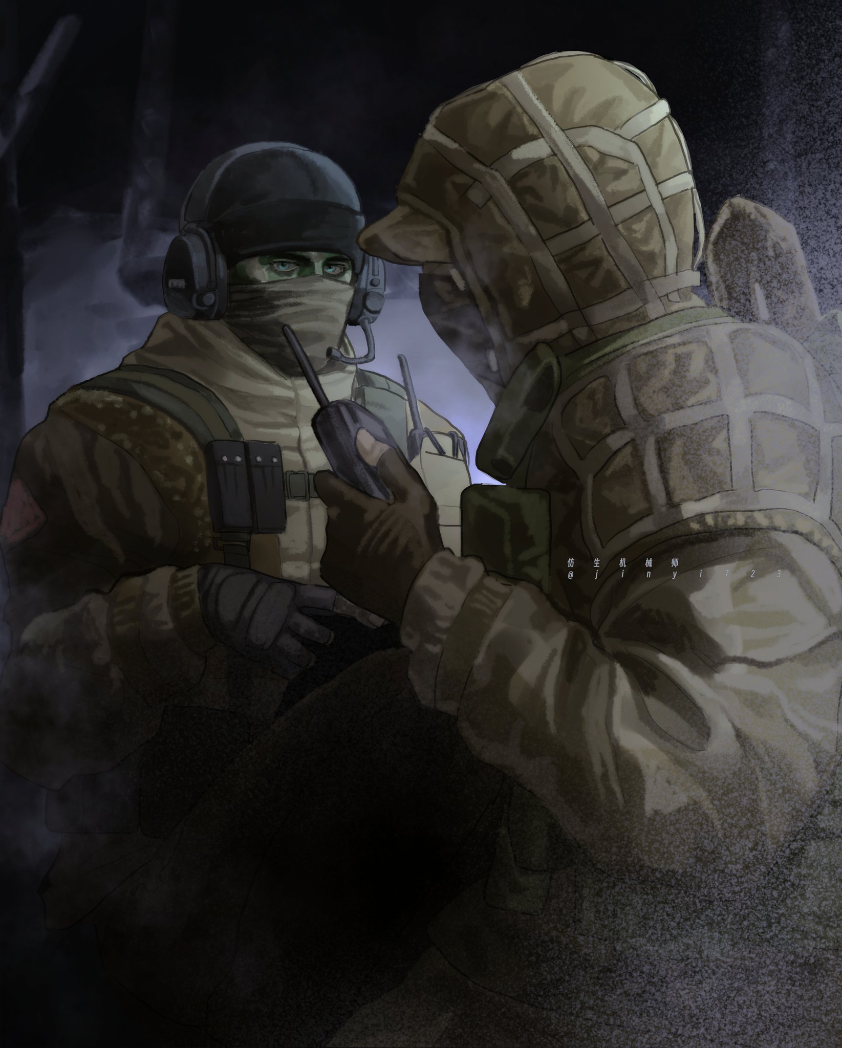 2boys beanie black_gloves black_hat blue_eyes camouflage covered_mouth fangsheng_jixieshi fingerless_gloves glaz_(rainbow_six_siege) gloves hat headphones headset highres holding holding_walkie-talkie hood hood_up jacket kapkan_(rainbow_six_siege) long_sleeves male_focus multiple_boys rainbow_six_siege walkie-talkie
