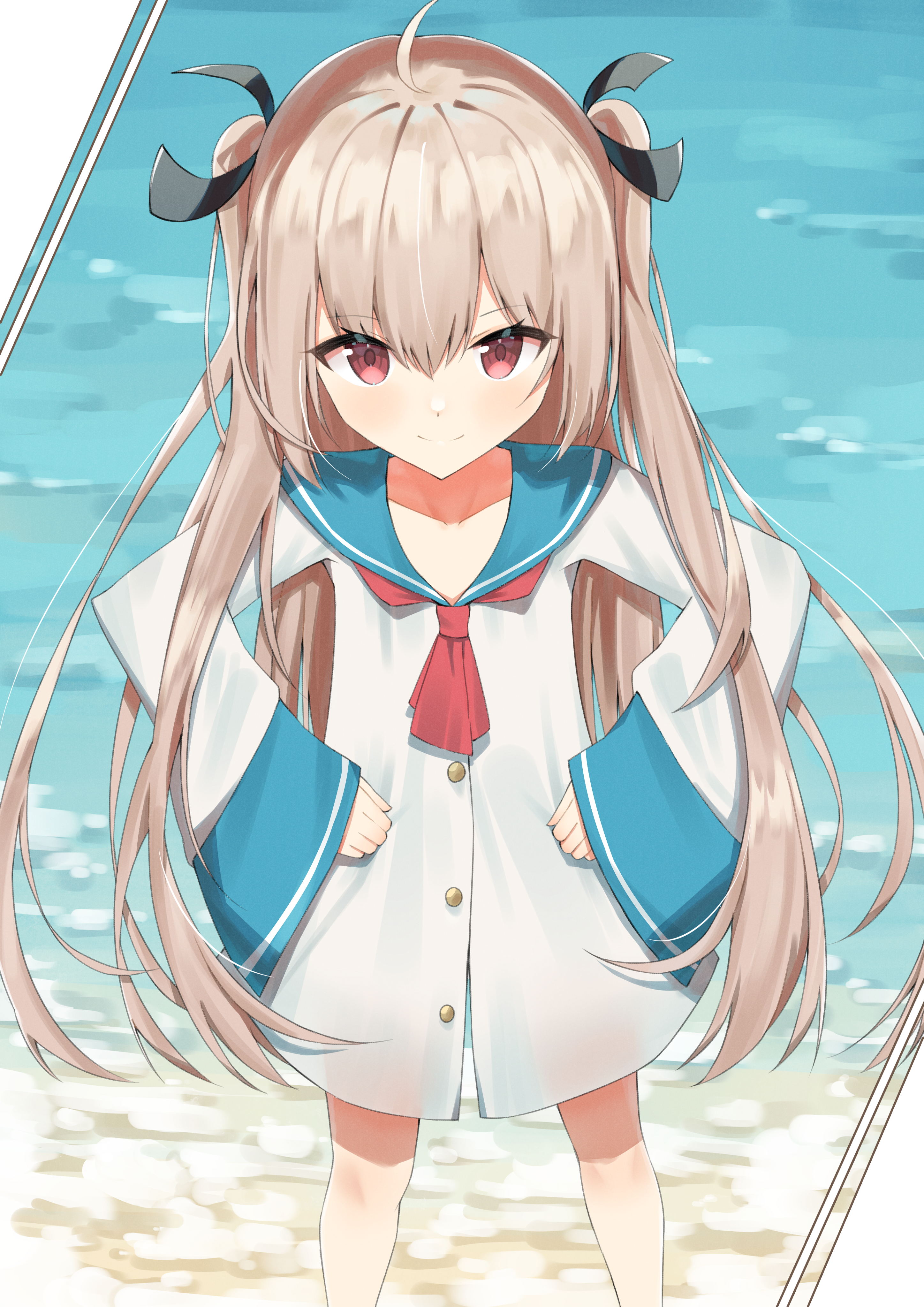 1girl absurdres ahoge anleewind ascot atri atri-my_dear_moments- black_ribbon blue_sailor_collar blush brown_hair buttons closed_mouth commentary day dress feet_out_of_frame hair_between_eyes hair_ribbon hands_on_own_hips highres long_hair looking_at_viewer ocean outdoors red_ascot red_eyes ribbon sailor_collar sailor_dress sleeves_past_wrists smile solo standing straight-on two_side_up very_long_hair white_dress wide_sleeves