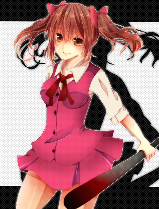 1girl aki_(misao) baseball_bat blood bloody_weapon blush bow brown_hair buttons collared_shirt female_focus hair_bow hair_ornament holding lips looking_at_viewer misao orange_eyes pink_bow pink_skirt polka_dot polka_dot_background red_ribbon ribbon school_uniform shadow shiny_skin shirt sidelocks skirt smile solo thighhighs twintails weapon yuippe zettai_ryouiki