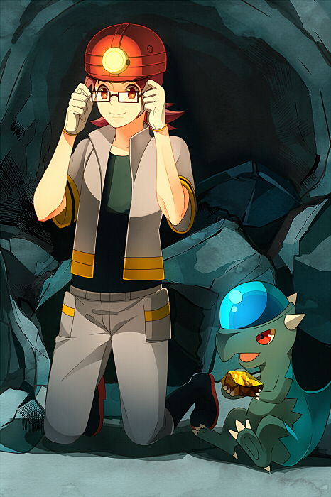 1boy black_shirt brown_hair cave_interior closed_mouth cranidos game_freak gen_4_pokemon grey_jacket grey_pants hard_hat helmet himari_g_(sr) jacket kneeling male_focus mining_helmet nintendo pants pokemon pokemon_(creature) pokemon_dppt rectangular_eyewear red_helmet roark_(pokemon) shirt