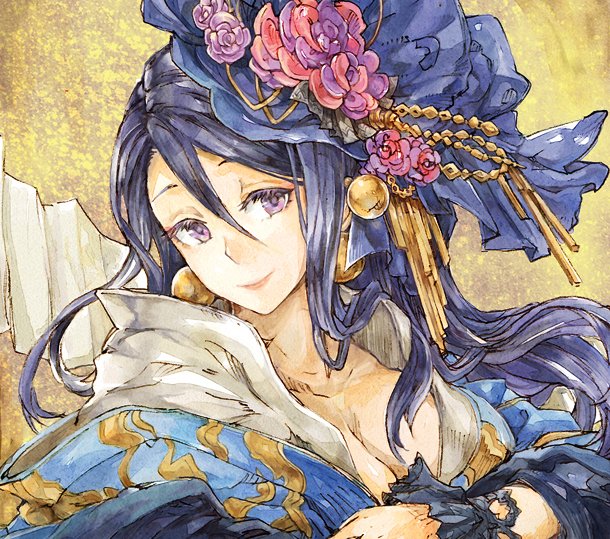 1girl blue_hair breasts cleavage closed_mouth earrings flower hair_flower hair_ornament headdress japanese_clothes jewelry kaguya_(sinoalice) kaguya_hime kimono large_breasts lipstick long_hair looking_at_viewer makeup purple_eyes rose sidelocks sino_nb3 sinoalice smile solo