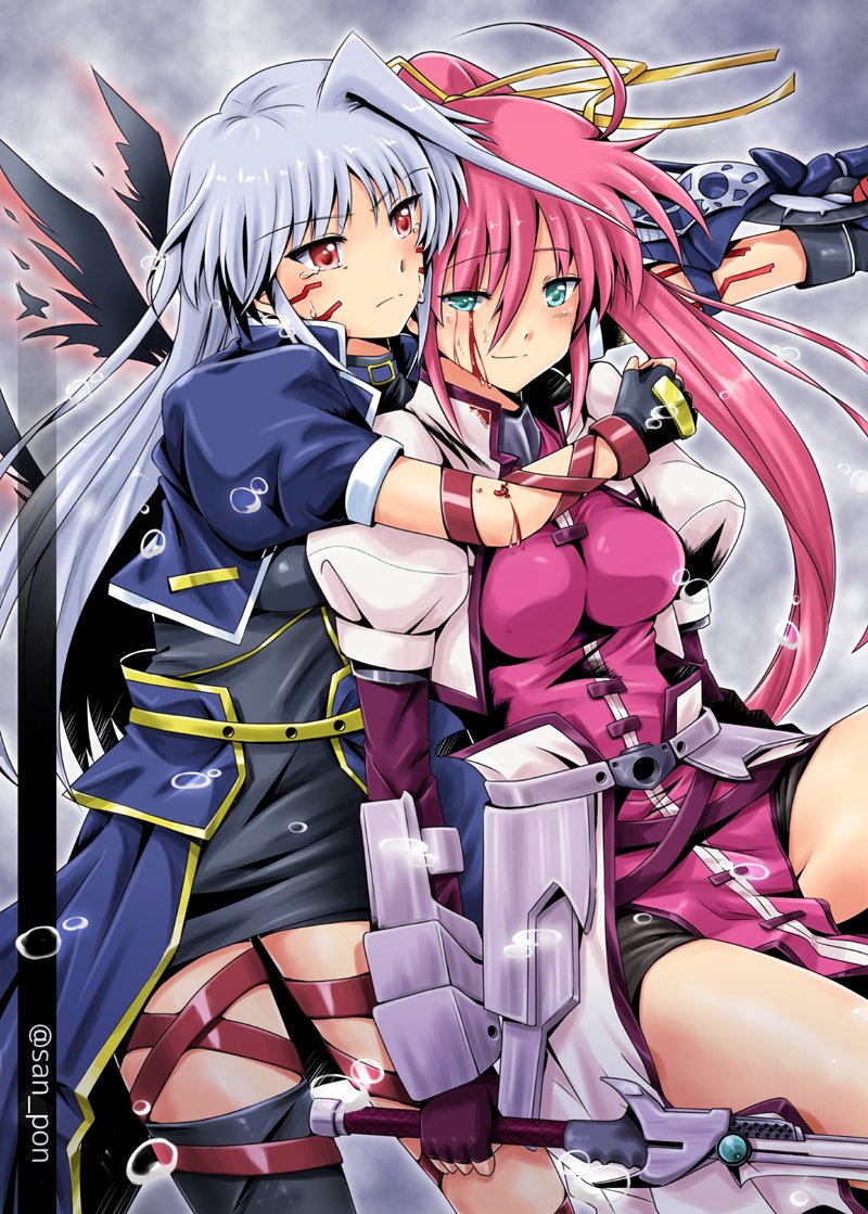 2girls armored_skirt black_dress black_gloves black_legwear black_wings blood blood_on_face blue_hairband blue_jacket blue_skirt breasts bubble commentary_request crying crying_with_eyes_open dress facial_mark fingerless_gloves fusion gauntlets gloves green_eyes hair_ribbon hairband half-closed_eye holding holding_sword holding_weapon hug hug_from_behind jacket laevatein_(nanoha) long_sleeves lyrical_nanoha magical_girl mahou_senki_lyrical_nanoha_force medium_breasts multiple_girls open_clothes open_jacket overskirt pink_dress pink_hair pink_jacket ponytail puffy_short_sleeves puffy_sleeves red_eyes reinforce_zwei ribbon san-pon short_dress short_sleeves side_slit signum sitting skirt sword tears thigh_strap twitter_username weapon wings yagami_hayate yellow_ribbon