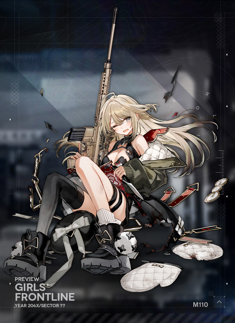 1girl apron beret black_boots black_dress black_hair black_hat black_thighhighs blonde_hair blush boots bow bowtie breasts buckle character_name chocoan cleavage colored_tips commentary copyright_name dress english_commentary fallen_down fang full_body girls&#039;_frontline gradient_hair green_jacket grey_eyes gun hat hat_ribbon holding holding_gun holding_knife holding_weapon jacket knife long_hair long_sleeves looking_at_viewer m110_(girls&#039;_frontline) m110_sass medium_breasts multicolored_hair off_shoulder official_art one_eye_closed open_clothes open_jacket open_mouth oven_mitts platform_boots platform_footwear pom_pom_(clothes) promotional_art red_apron reverse_grip ribbon rifle scope second-party_source shoe_soles single_sock single_thighhigh sitting skin_fang sleeveless sleeveless_dress snap-fit_buckle sniper_rifle socks solo sweatdrop tears thigh_strap thighhighs torn_apron torn_clothes torn_dress unworn_headwear unworn_mittens weapon white_ribbon white_socks