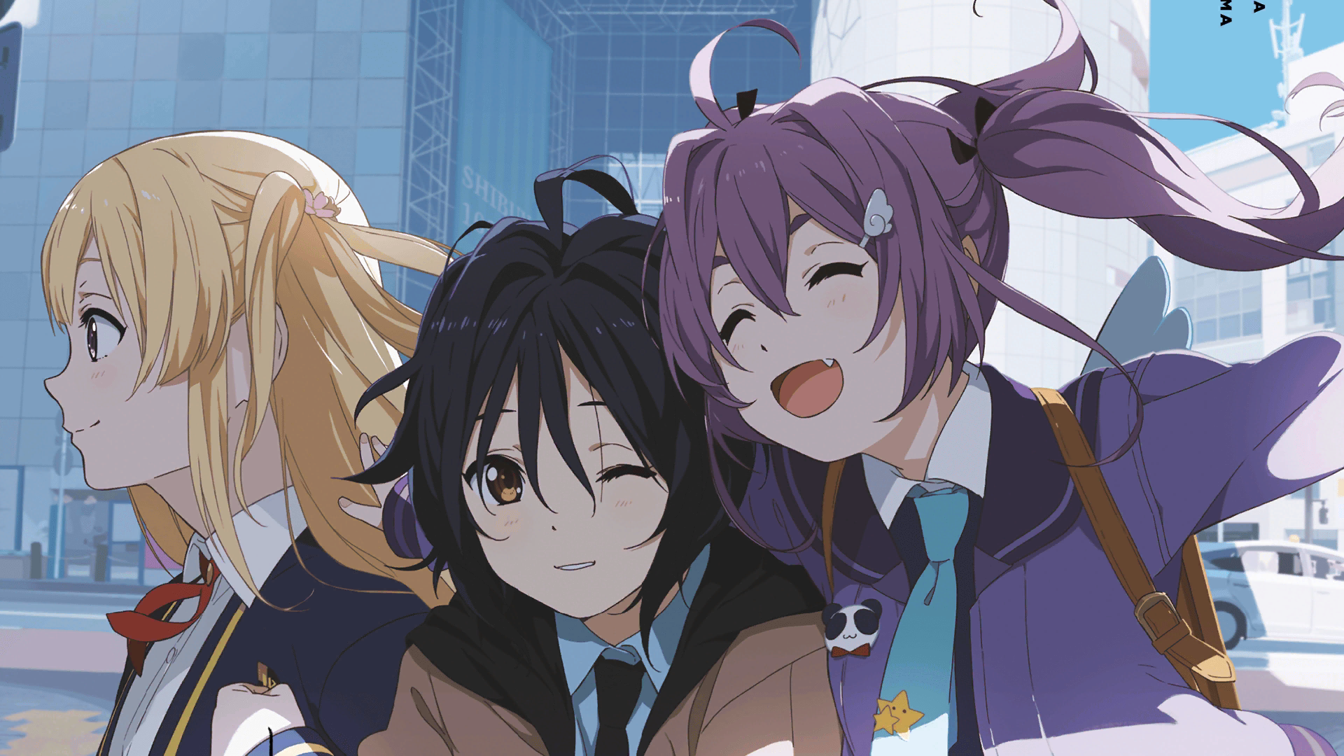 22/7 22/7_ongaku_no_jikan 3girls ahoge aqua_necktie black_necktie black_ribbon blonde_hair blue_hair brown_eyes collared_shirt fang fujima_sakura game_cg hair_between_eyes hair_ornament hair_ribbon hair_rings highres jacket long_hair long_sleeves multiple_girls necktie non-web_source official_art outdoors purple_eyes purple_hair purple_jacket ribbon school_uniform shirt short_hair sidelocks single_hair_ring smile takigawa_miu tojo_yuki twintails uki_atsuya wavy_hair